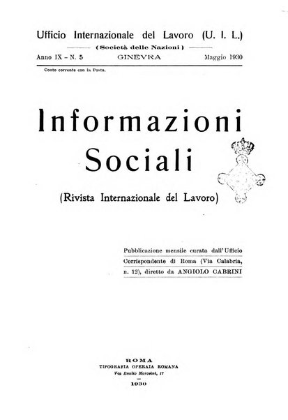 Informazioni sociali pubblicazione mensile curata dall'Ufficio corrispondente di Roma dell'Ufficio internazionale del lavoro, Ginevra