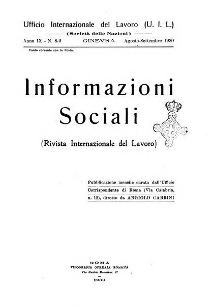 Informazioni sociali pubblicazione mensile curata dall'Ufficio corrispondente di Roma dell'Ufficio internazionale del lavoro, Ginevra