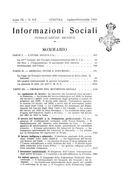 Informazioni sociali pubblicazione mensile curata dall'Ufficio corrispondente di Roma dell'Ufficio internazionale del lavoro, Ginevra