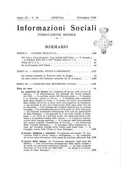 Informazioni sociali pubblicazione mensile curata dall'Ufficio corrispondente di Roma dell'Ufficio internazionale del lavoro, Ginevra