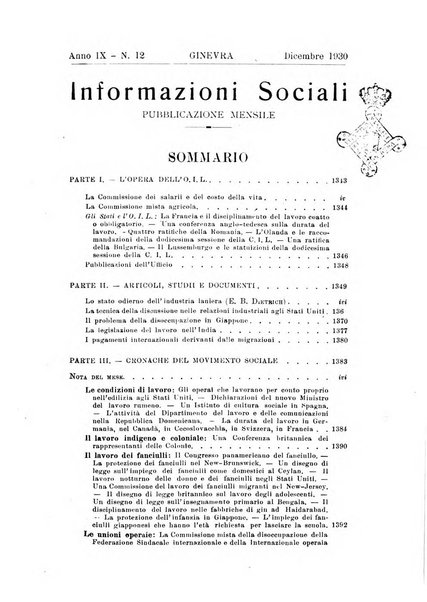 Informazioni sociali pubblicazione mensile curata dall'Ufficio corrispondente di Roma dell'Ufficio internazionale del lavoro, Ginevra