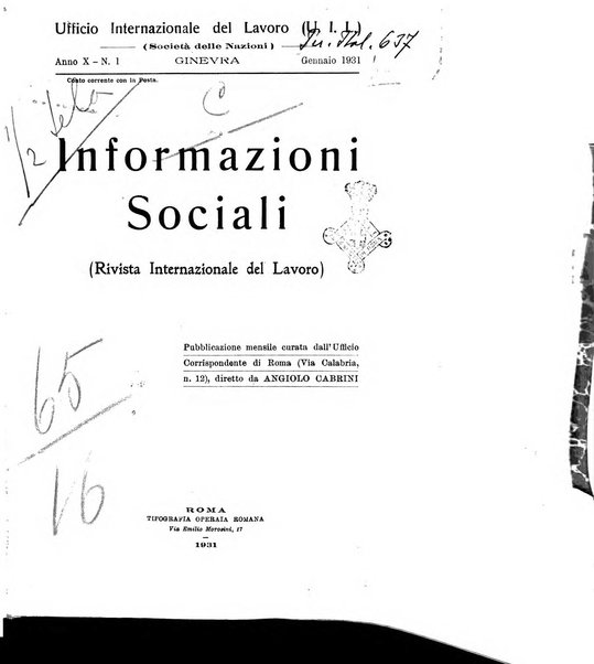 Informazioni sociali pubblicazione mensile curata dall'Ufficio corrispondente di Roma dell'Ufficio internazionale del lavoro, Ginevra