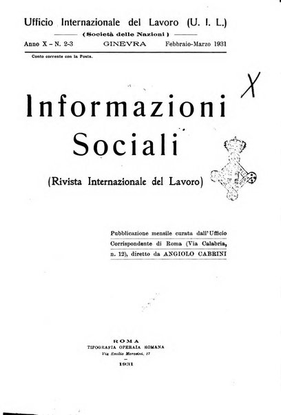 Informazioni sociali pubblicazione mensile curata dall'Ufficio corrispondente di Roma dell'Ufficio internazionale del lavoro, Ginevra