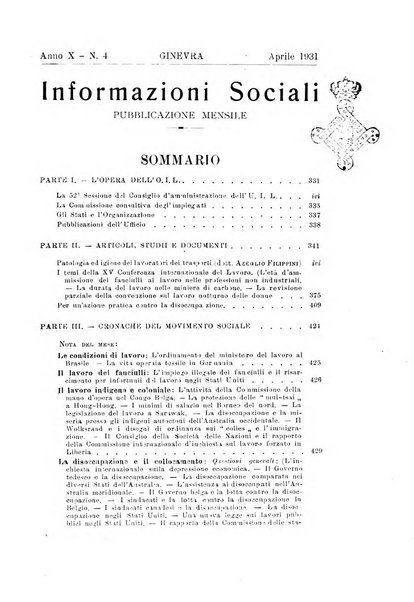 Informazioni sociali pubblicazione mensile curata dall'Ufficio corrispondente di Roma dell'Ufficio internazionale del lavoro, Ginevra