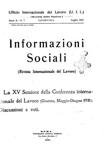 Informazioni sociali pubblicazione mensile curata dall'Ufficio corrispondente di Roma dell'Ufficio internazionale del lavoro, Ginevra