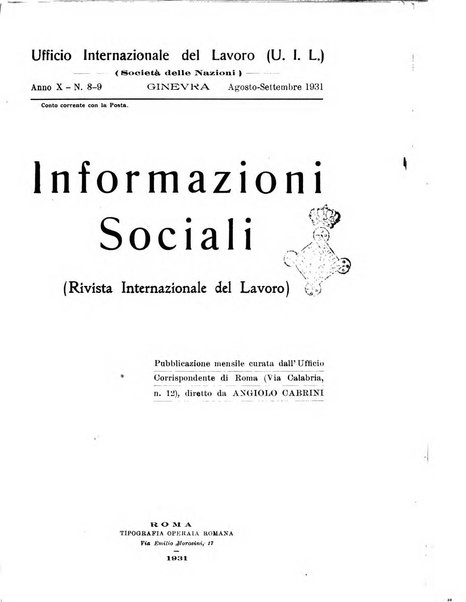 Informazioni sociali pubblicazione mensile curata dall'Ufficio corrispondente di Roma dell'Ufficio internazionale del lavoro, Ginevra