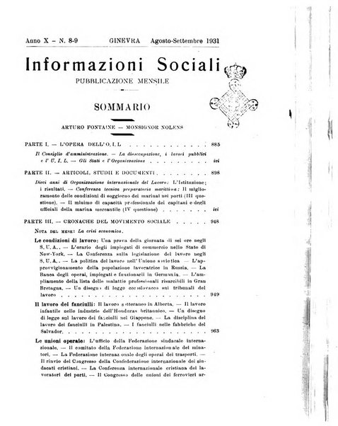 Informazioni sociali pubblicazione mensile curata dall'Ufficio corrispondente di Roma dell'Ufficio internazionale del lavoro, Ginevra