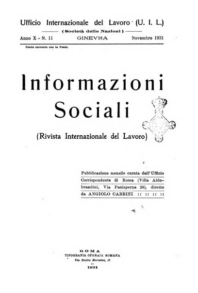 Informazioni sociali pubblicazione mensile curata dall'Ufficio corrispondente di Roma dell'Ufficio internazionale del lavoro, Ginevra