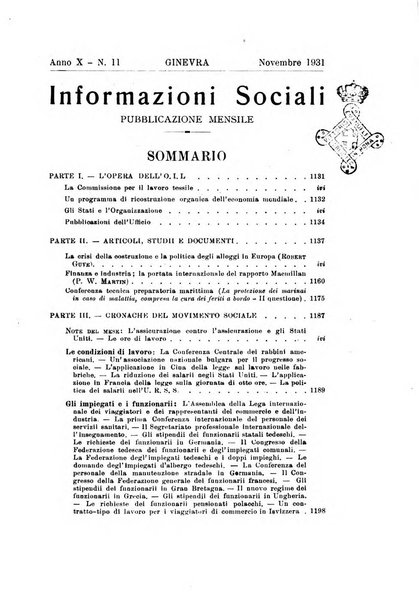 Informazioni sociali pubblicazione mensile curata dall'Ufficio corrispondente di Roma dell'Ufficio internazionale del lavoro, Ginevra