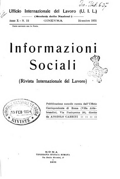 Informazioni sociali pubblicazione mensile curata dall'Ufficio corrispondente di Roma dell'Ufficio internazionale del lavoro, Ginevra