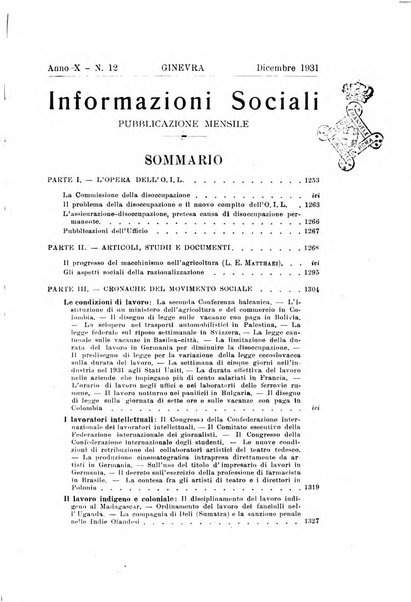 Informazioni sociali pubblicazione mensile curata dall'Ufficio corrispondente di Roma dell'Ufficio internazionale del lavoro, Ginevra