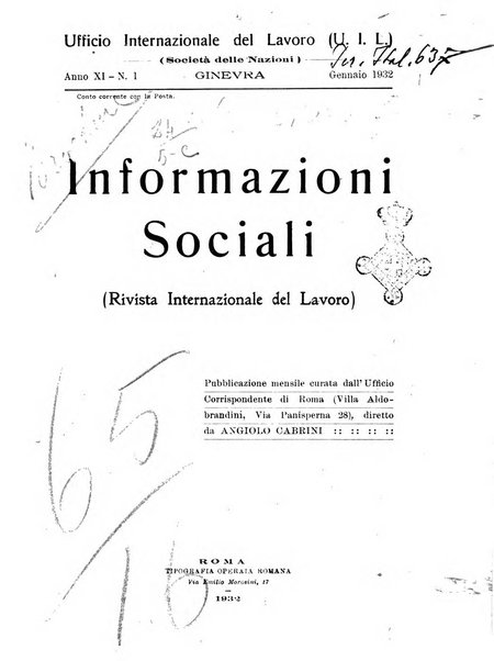 Informazioni sociali pubblicazione mensile curata dall'Ufficio corrispondente di Roma dell'Ufficio internazionale del lavoro, Ginevra