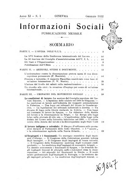 Informazioni sociali pubblicazione mensile curata dall'Ufficio corrispondente di Roma dell'Ufficio internazionale del lavoro, Ginevra