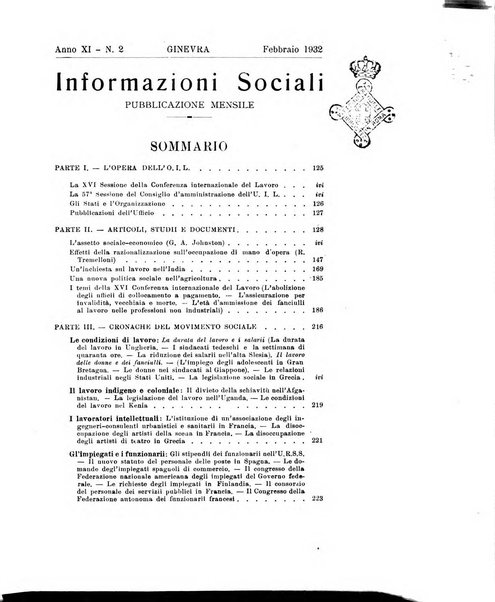 Informazioni sociali pubblicazione mensile curata dall'Ufficio corrispondente di Roma dell'Ufficio internazionale del lavoro, Ginevra