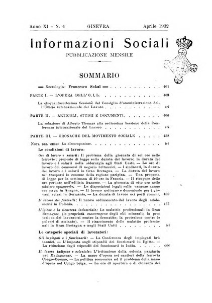 Informazioni sociali pubblicazione mensile curata dall'Ufficio corrispondente di Roma dell'Ufficio internazionale del lavoro, Ginevra