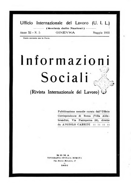 Informazioni sociali pubblicazione mensile curata dall'Ufficio corrispondente di Roma dell'Ufficio internazionale del lavoro, Ginevra