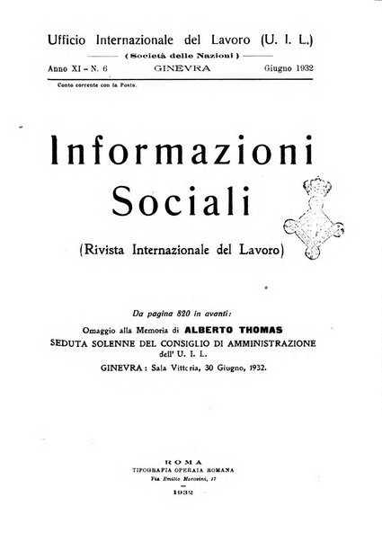 Informazioni sociali pubblicazione mensile curata dall'Ufficio corrispondente di Roma dell'Ufficio internazionale del lavoro, Ginevra