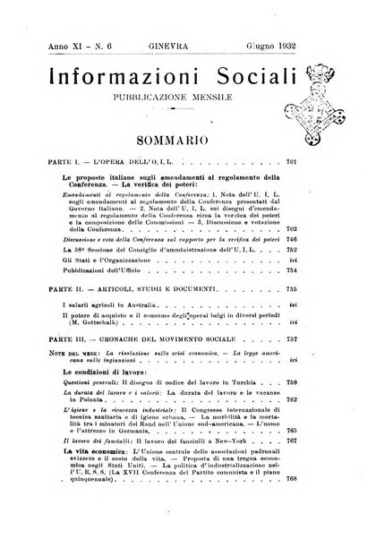 Informazioni sociali pubblicazione mensile curata dall'Ufficio corrispondente di Roma dell'Ufficio internazionale del lavoro, Ginevra