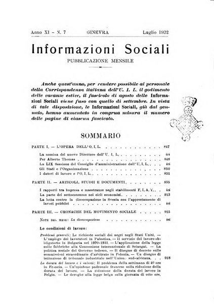 Informazioni sociali pubblicazione mensile curata dall'Ufficio corrispondente di Roma dell'Ufficio internazionale del lavoro, Ginevra