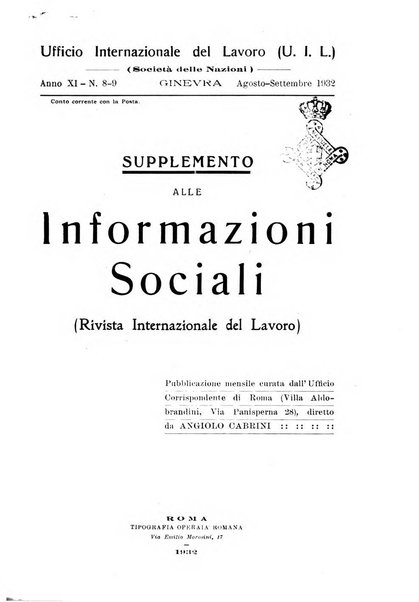 Informazioni sociali pubblicazione mensile curata dall'Ufficio corrispondente di Roma dell'Ufficio internazionale del lavoro, Ginevra