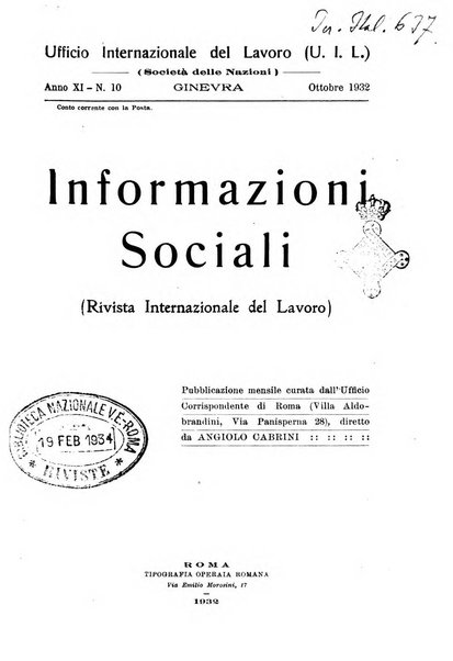 Informazioni sociali pubblicazione mensile curata dall'Ufficio corrispondente di Roma dell'Ufficio internazionale del lavoro, Ginevra