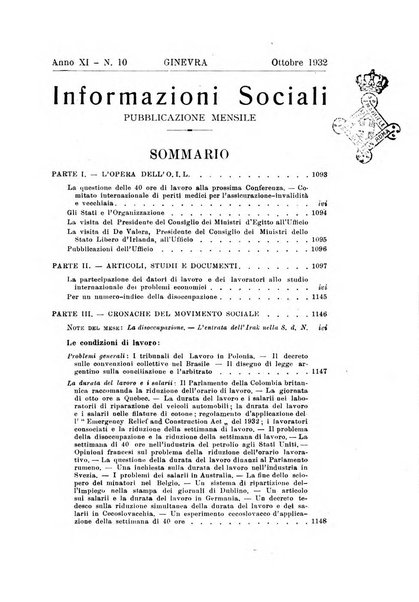 Informazioni sociali pubblicazione mensile curata dall'Ufficio corrispondente di Roma dell'Ufficio internazionale del lavoro, Ginevra