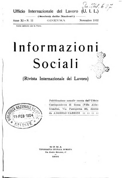 Informazioni sociali pubblicazione mensile curata dall'Ufficio corrispondente di Roma dell'Ufficio internazionale del lavoro, Ginevra