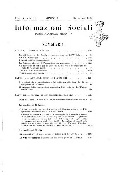 Informazioni sociali pubblicazione mensile curata dall'Ufficio corrispondente di Roma dell'Ufficio internazionale del lavoro, Ginevra