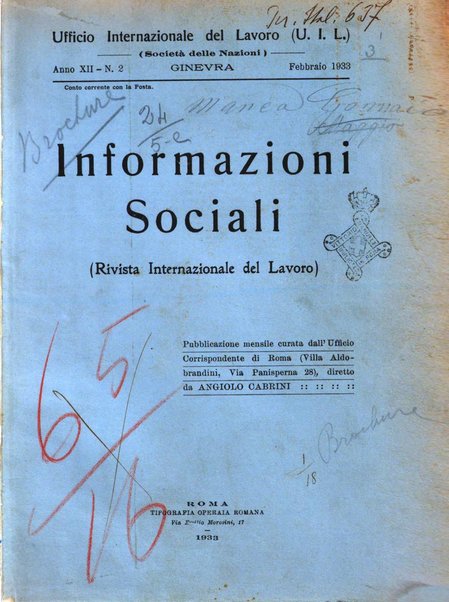 Informazioni sociali pubblicazione mensile curata dall'Ufficio corrispondente di Roma dell'Ufficio internazionale del lavoro, Ginevra