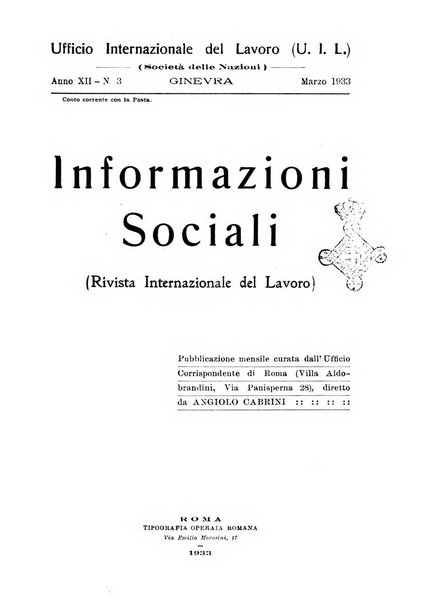 Informazioni sociali pubblicazione mensile curata dall'Ufficio corrispondente di Roma dell'Ufficio internazionale del lavoro, Ginevra