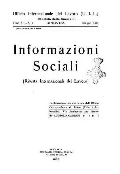 Informazioni sociali pubblicazione mensile curata dall'Ufficio corrispondente di Roma dell'Ufficio internazionale del lavoro, Ginevra