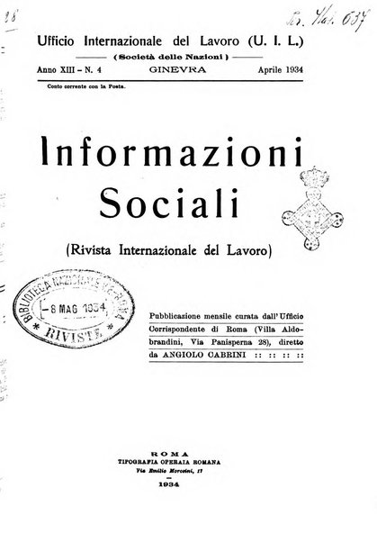 Informazioni sociali pubblicazione mensile curata dall'Ufficio corrispondente di Roma dell'Ufficio internazionale del lavoro, Ginevra