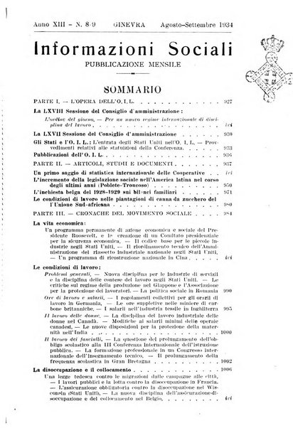 Informazioni sociali pubblicazione mensile curata dall'Ufficio corrispondente di Roma dell'Ufficio internazionale del lavoro, Ginevra