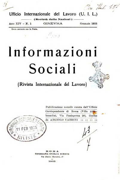 Informazioni sociali pubblicazione mensile curata dall'Ufficio corrispondente di Roma dell'Ufficio internazionale del lavoro, Ginevra