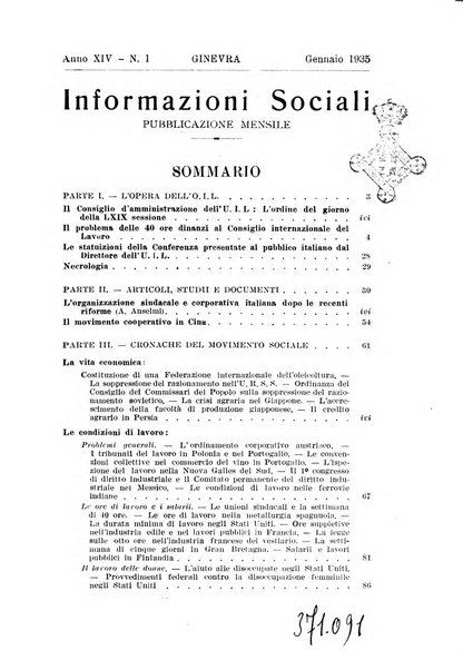 Informazioni sociali pubblicazione mensile curata dall'Ufficio corrispondente di Roma dell'Ufficio internazionale del lavoro, Ginevra