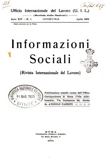 Informazioni sociali pubblicazione mensile curata dall'Ufficio corrispondente di Roma dell'Ufficio internazionale del lavoro, Ginevra