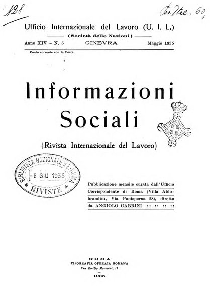 Informazioni sociali pubblicazione mensile curata dall'Ufficio corrispondente di Roma dell'Ufficio internazionale del lavoro, Ginevra