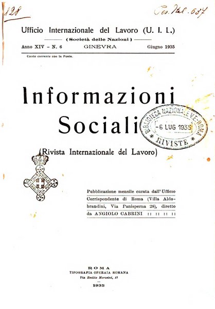 Informazioni sociali pubblicazione mensile curata dall'Ufficio corrispondente di Roma dell'Ufficio internazionale del lavoro, Ginevra