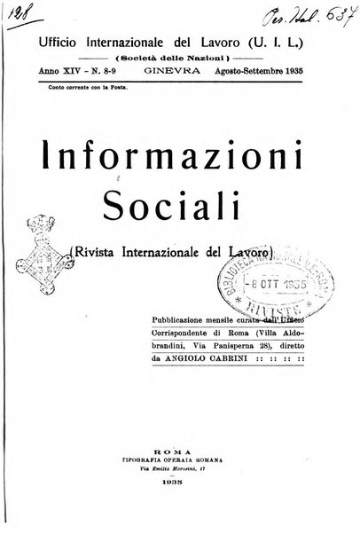 Informazioni sociali pubblicazione mensile curata dall'Ufficio corrispondente di Roma dell'Ufficio internazionale del lavoro, Ginevra