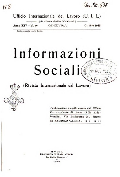 Informazioni sociali pubblicazione mensile curata dall'Ufficio corrispondente di Roma dell'Ufficio internazionale del lavoro, Ginevra