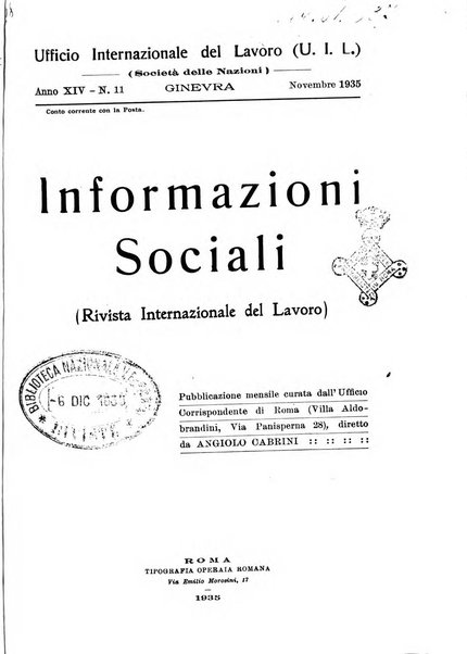 Informazioni sociali pubblicazione mensile curata dall'Ufficio corrispondente di Roma dell'Ufficio internazionale del lavoro, Ginevra