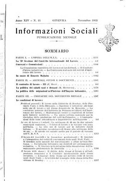 Informazioni sociali pubblicazione mensile curata dall'Ufficio corrispondente di Roma dell'Ufficio internazionale del lavoro, Ginevra