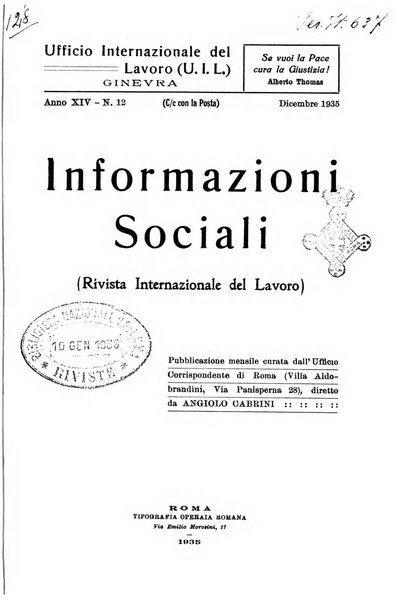 Informazioni sociali pubblicazione mensile curata dall'Ufficio corrispondente di Roma dell'Ufficio internazionale del lavoro, Ginevra