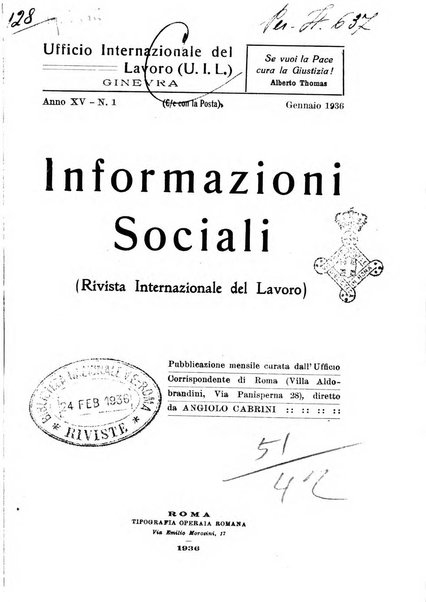 Informazioni sociali pubblicazione mensile curata dall'Ufficio corrispondente di Roma dell'Ufficio internazionale del lavoro, Ginevra