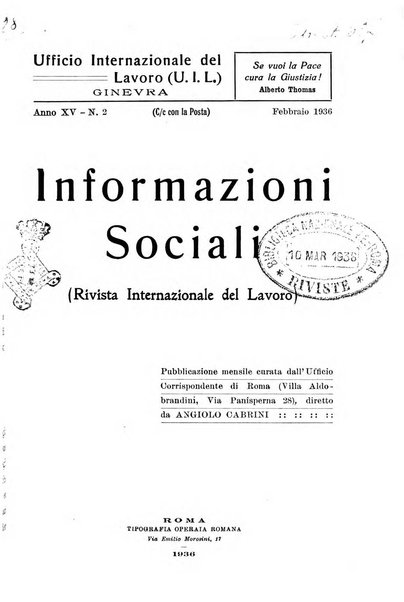 Informazioni sociali pubblicazione mensile curata dall'Ufficio corrispondente di Roma dell'Ufficio internazionale del lavoro, Ginevra