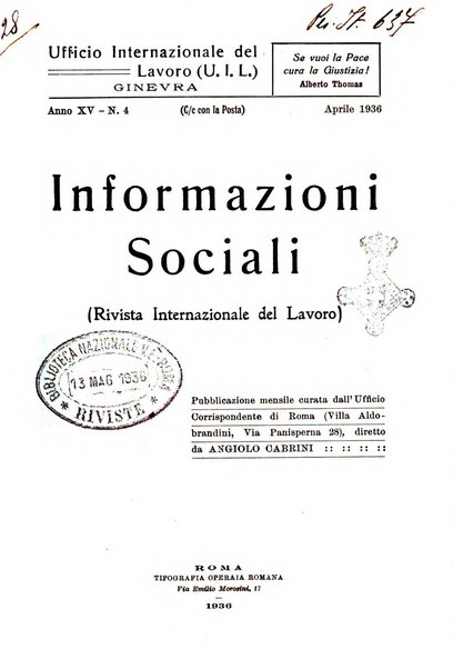 Informazioni sociali pubblicazione mensile curata dall'Ufficio corrispondente di Roma dell'Ufficio internazionale del lavoro, Ginevra