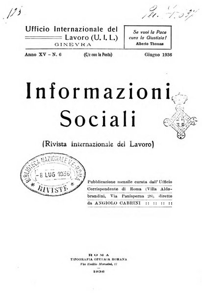 Informazioni sociali pubblicazione mensile curata dall'Ufficio corrispondente di Roma dell'Ufficio internazionale del lavoro, Ginevra