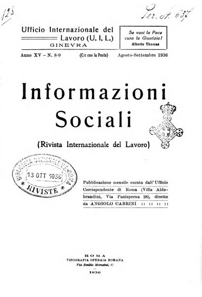 Informazioni sociali pubblicazione mensile curata dall'Ufficio corrispondente di Roma dell'Ufficio internazionale del lavoro, Ginevra