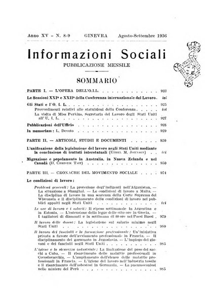 Informazioni sociali pubblicazione mensile curata dall'Ufficio corrispondente di Roma dell'Ufficio internazionale del lavoro, Ginevra