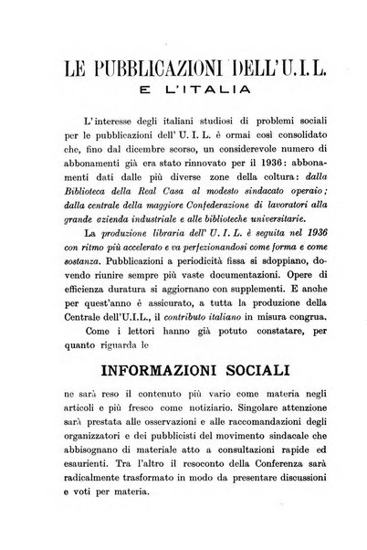 Informazioni sociali pubblicazione mensile curata dall'Ufficio corrispondente di Roma dell'Ufficio internazionale del lavoro, Ginevra